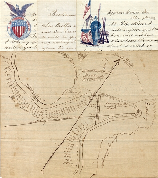 Great 13th United States Letter Group With Manuscript Map of Vicksburg and Vicinity. 