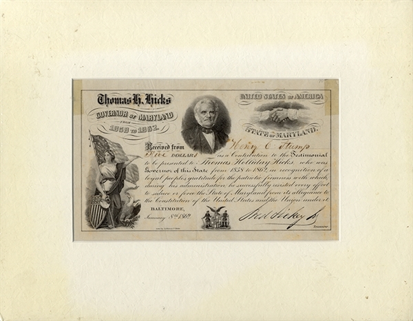 Rare Maryland Governor Hicks Memorial Certificate.  