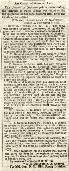 Historic “Special Order 191” -- the “Lost Order -- printed in newspaper