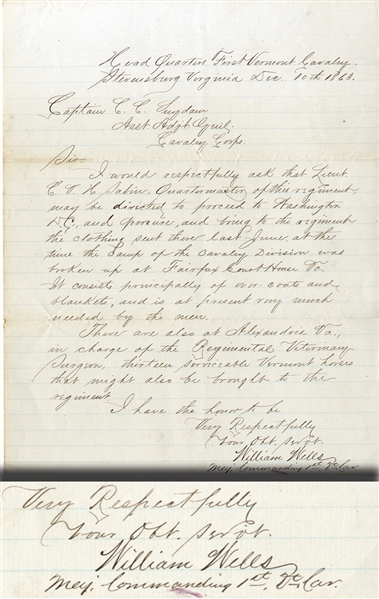 Rare War-date Letter Signed by Gettysburg Hero & MOH Receipient William Wells