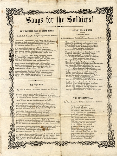 1st Michigan Engineers Broadside With Four Poems By Private Brewer. 