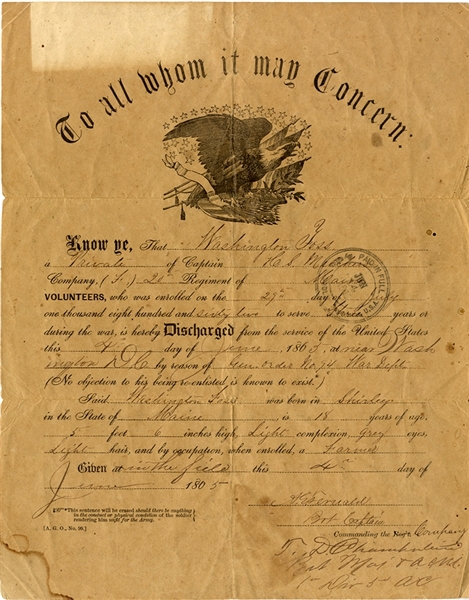 20th Maine Discharge - Served at Gettysburg