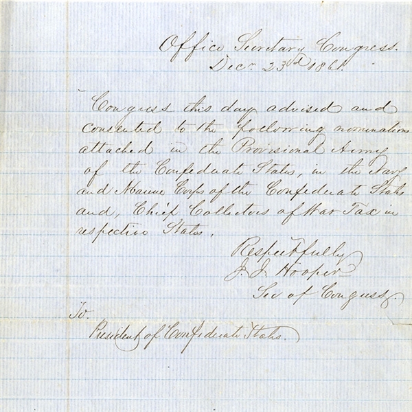 Congressional Document Signed “J.J. Hooper” Secretary of Congress