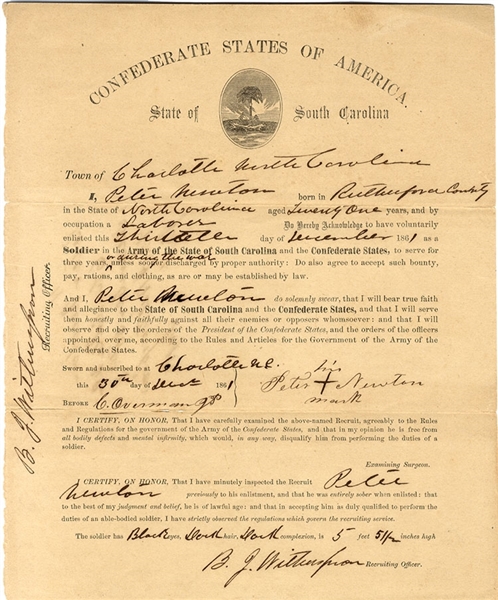 Rare South Carolina Enlistment Form