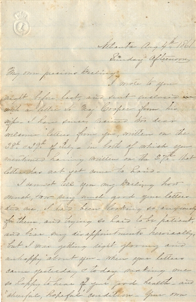Wife in Atlanta Writes Her Soldier Husband About Her Prayers  for His Safety After 1st Manassas