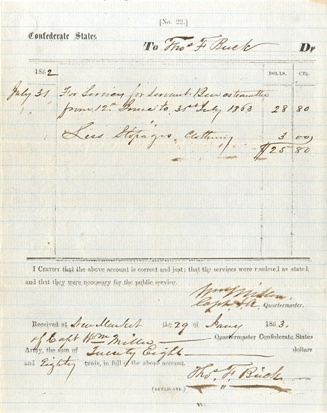 Confederate Document Reimbursing Slave Owner for Use of his Servant