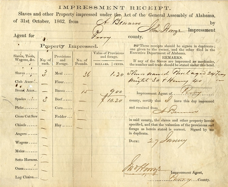 Impressment Receipt Lists Three Slaves by Name