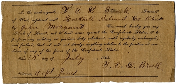 Rare Confederate Gen. John Hunt Morgan Raid Parole Document