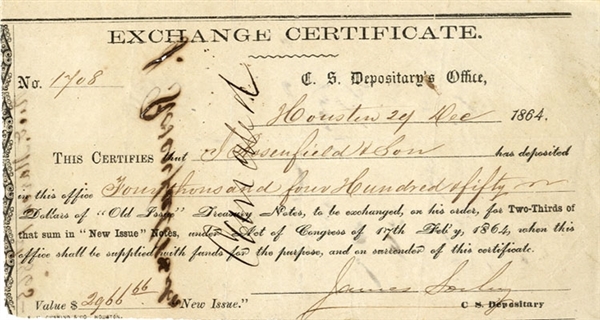 Exchange Certificate From the Confederate States’ Depositor