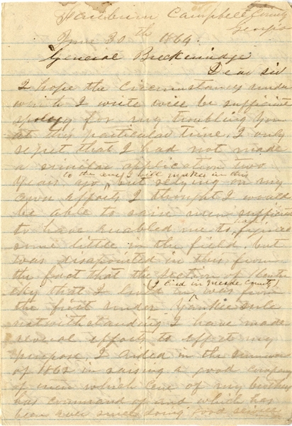 Writing To Gen. Breckinridge: He Is A Loyal Southerner While Kentucky's Military Governor Declares Him The Most Dangerous Man Left In The State!