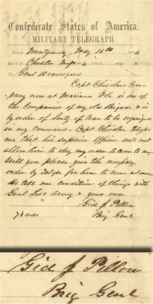 Confederate Telegraph Between Generals Pillow and Beauregard