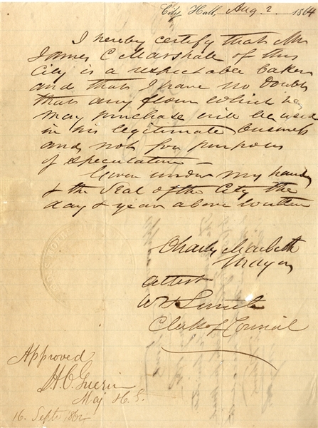 Mayor Charleston Signed Letter 1864