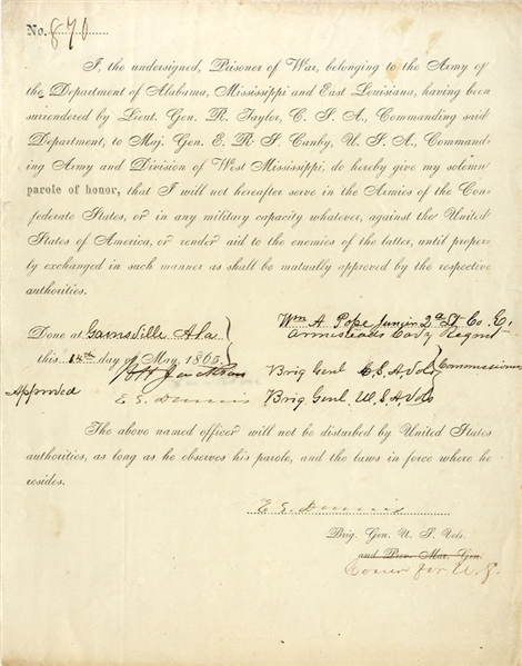 Parole for an Officer in Armistead’s Cavalry Signed by General Red Jackson 