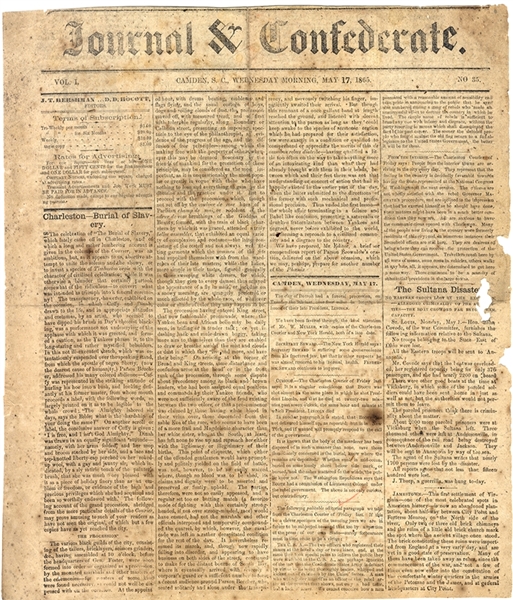 Rare Camden, S. C. Newspaper With Sultana Disaster & Death of Slavery Parade Held at Charleston Content