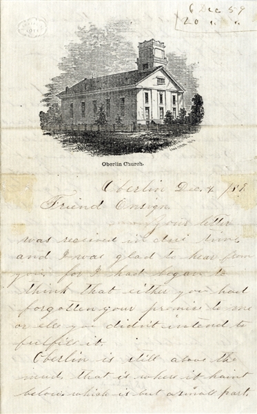 1859 Oberlin Church - The Town that Started the Civil War! - Letter by H. J. Fuller, Talks of John Browns Raid & College Buildings being Built