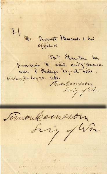 Lincoln's First Sec. of War Cameron Issues A Pass To His Successor