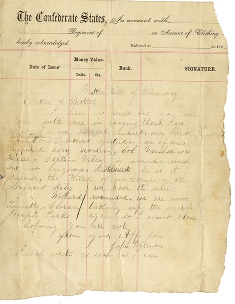 Writing From The Battlefield of Williamsburg On Captured Confederate Clothing Account Form