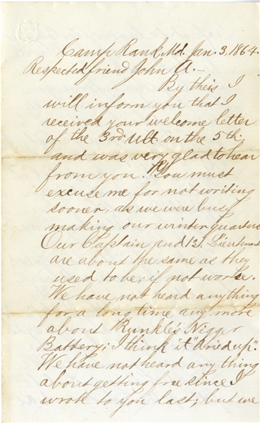 3rd Pennsylvania Artillery Letter re”Runkle’s Nxxxxr Battery;