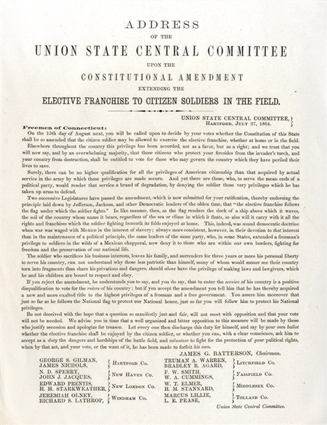 1864 Presidential Campaign Connecticut Election Broadside