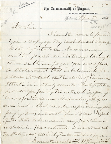 West Virginia Governor F.H. Pierpont Writes of Debts Incurred During the Rebellion