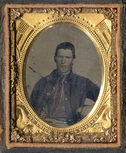 Union Soldier Tintype of Seated Private Wearing Gault Style Campaign Badge