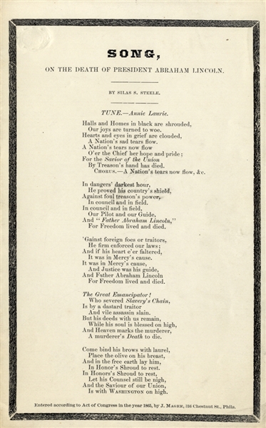 1865 Lincoln Black Bordered Mourning Songsheet