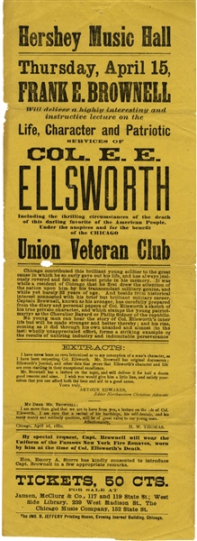Rare Union Martyr Col. Elmer Ellsworth Lecture Broadside