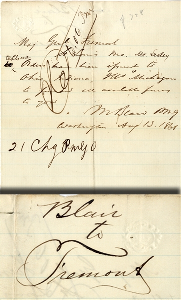 General Blair Writes General Fremont Pertaining to Troops for the Fremont Emancipation