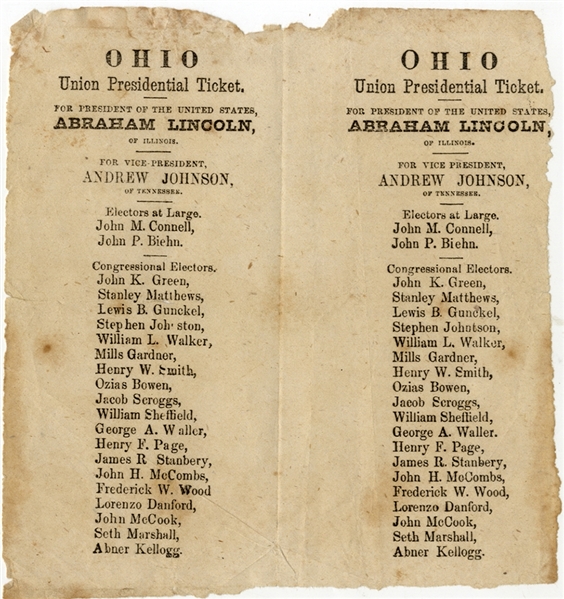 Uncut Pair Of Lincoln And Johnson 1864 Campaign Ballots