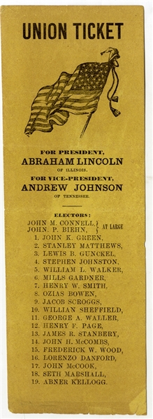 Lincoln And Johnson 1864 Campaign Ballot....In Yellow