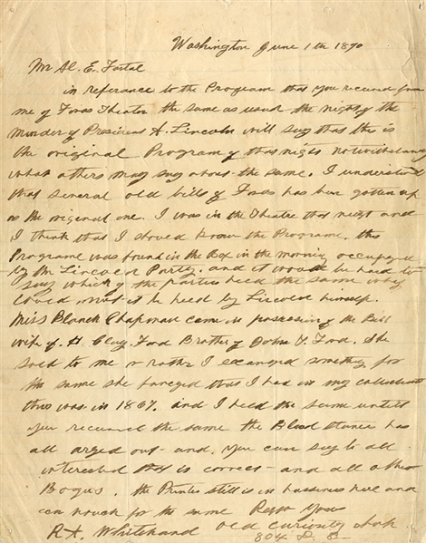 Letter Pertaining to a Programme Found in the Box that Lincoln was Assassinated in