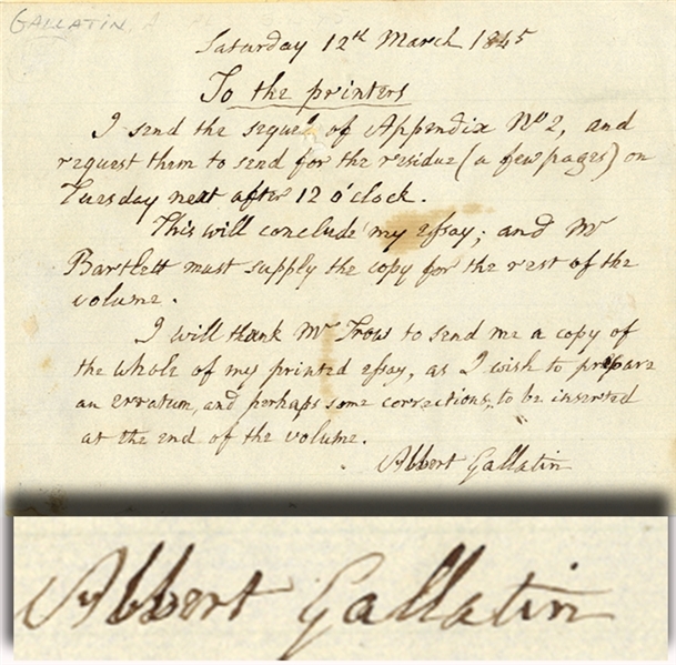 Albert Gallatin Autograph Note Signed