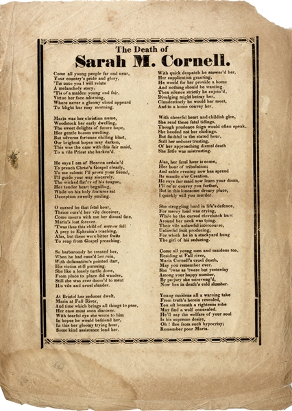 Early New England Broadside Poem: Murder of Rhode Island Factory Girl Sarah M. Cornell.
