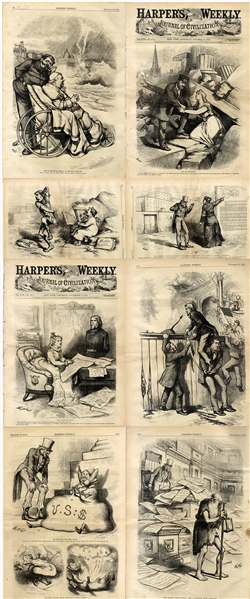 Lot of eight issues of Harper’s Weekly from 1873 with Thomas Nast cartoons