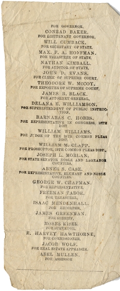 1860's Indiana Governor's Ballot Declaring Conrad Baker as The Candidate