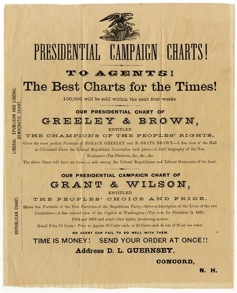 Presidential Campaign Charts....Political Advertising For Grant And Greeley In 1872