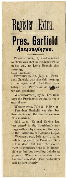 President James Garfield Assassination Broadside Extra