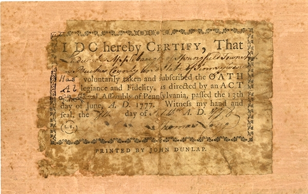 Pennsylvania Loyalty Oath - 1777