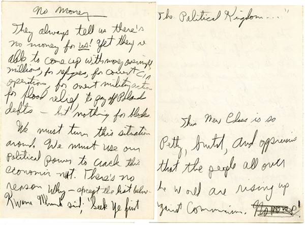 Eldridge Cleaver Autographed Draft For His Speech Titled No Money