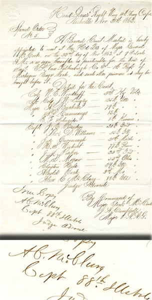 A True Copy of Major General McCook Scheduling a Court Marshall Trial of  15 Named Soldiers