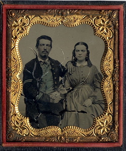 Ambrotype of Seated Union Infantry Corporal with His Bride in Patriotic cCse. 