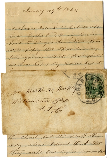 S.C. Infantry Letter from Sullivan's Island with Envelope & Nice 5 Cent CSA 1 Green Jeff Davis Stamp & Perfect Charleston Cancellation 