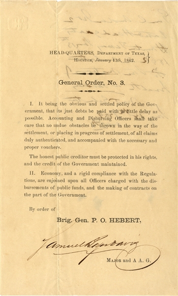 Issued From Headquarters, Department of Texas, Houston - 1862
