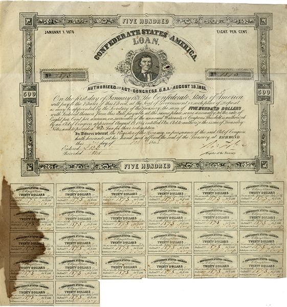 $500 Confederate Bond  Feature the Vice President
