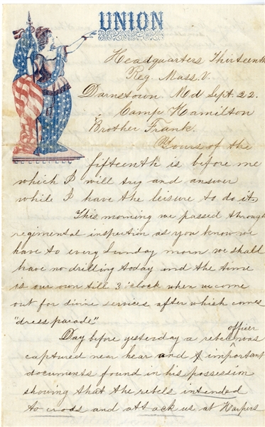 13th Mass Infantry on Baseball, the capture of the Maryland Secession Reps Letter