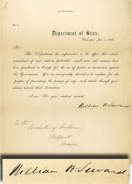Contraband of War Letter Signed by Secretary Seward