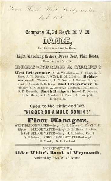 Massachusetts Regimental Dance Invitation DANCE, For There Is A Time To Dance With Racially Insensitive Ditty: NI**ER ON A MULE COMIN!