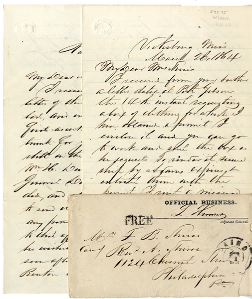 War-Date General Lorenzo Thomas Letter Mentions a Narrow Escape From Death at the Hands of the Guerillas of Mississippi