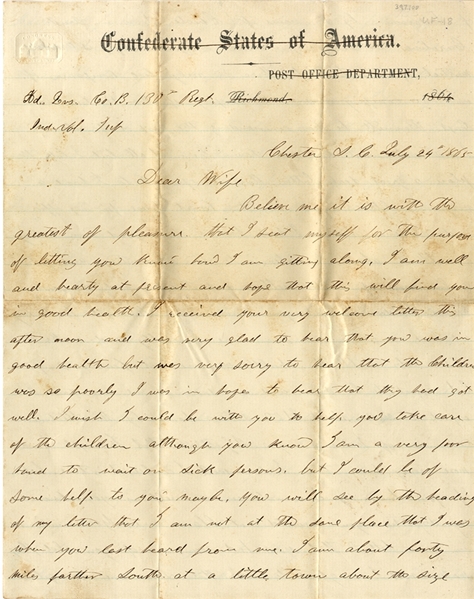 Soldier of 130th Indiana Infantry Writes on CSA Postal Stationary
