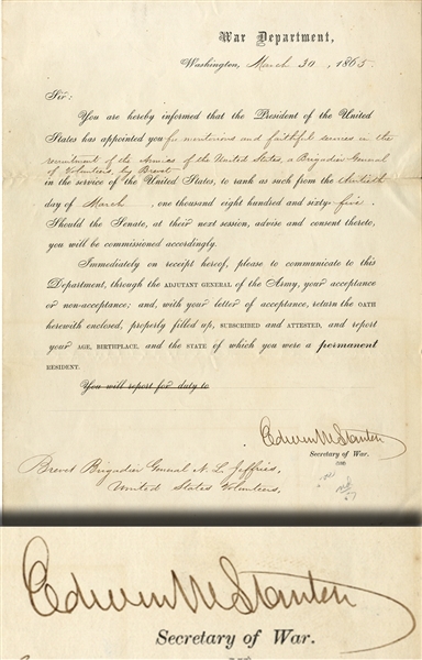 Secretary of War Stanton Sends Colonel Jeffries a Brevet for Brigadier General